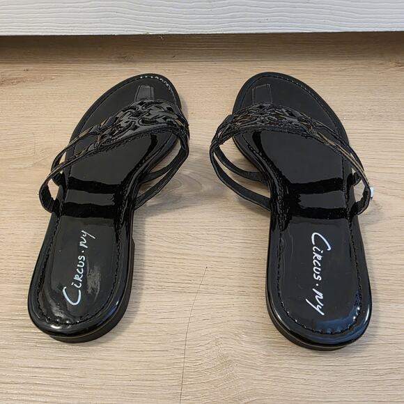 Circus Sam Edelman Black Patent Faux Leather Canyon Flat Sandals Flip Flops 9.5W - Picture 4 of 6